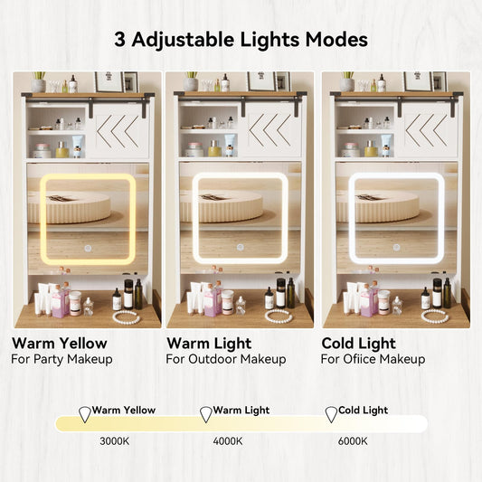 Farmhouse Small Vanity Desk Set with Mirror Cabinet Compact Makeup Vanities Set with 3 Adjustable Lights and Storage Chair for Compact Space, Gray Dressing Table with Fold-up Panel IF049