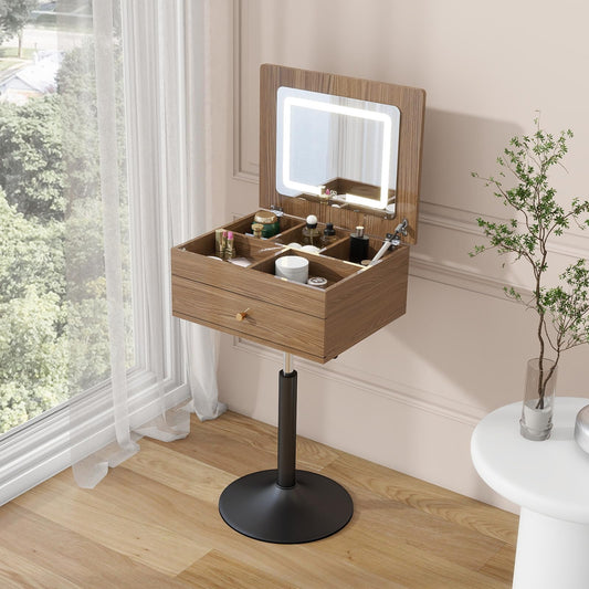 Small Vanity Desk with Adjustable Height Rotating 3 in 1 Flip Top Makeup Vanity with Mirror and Lights Mini Corner White Dressing Table for Bedroom IF181