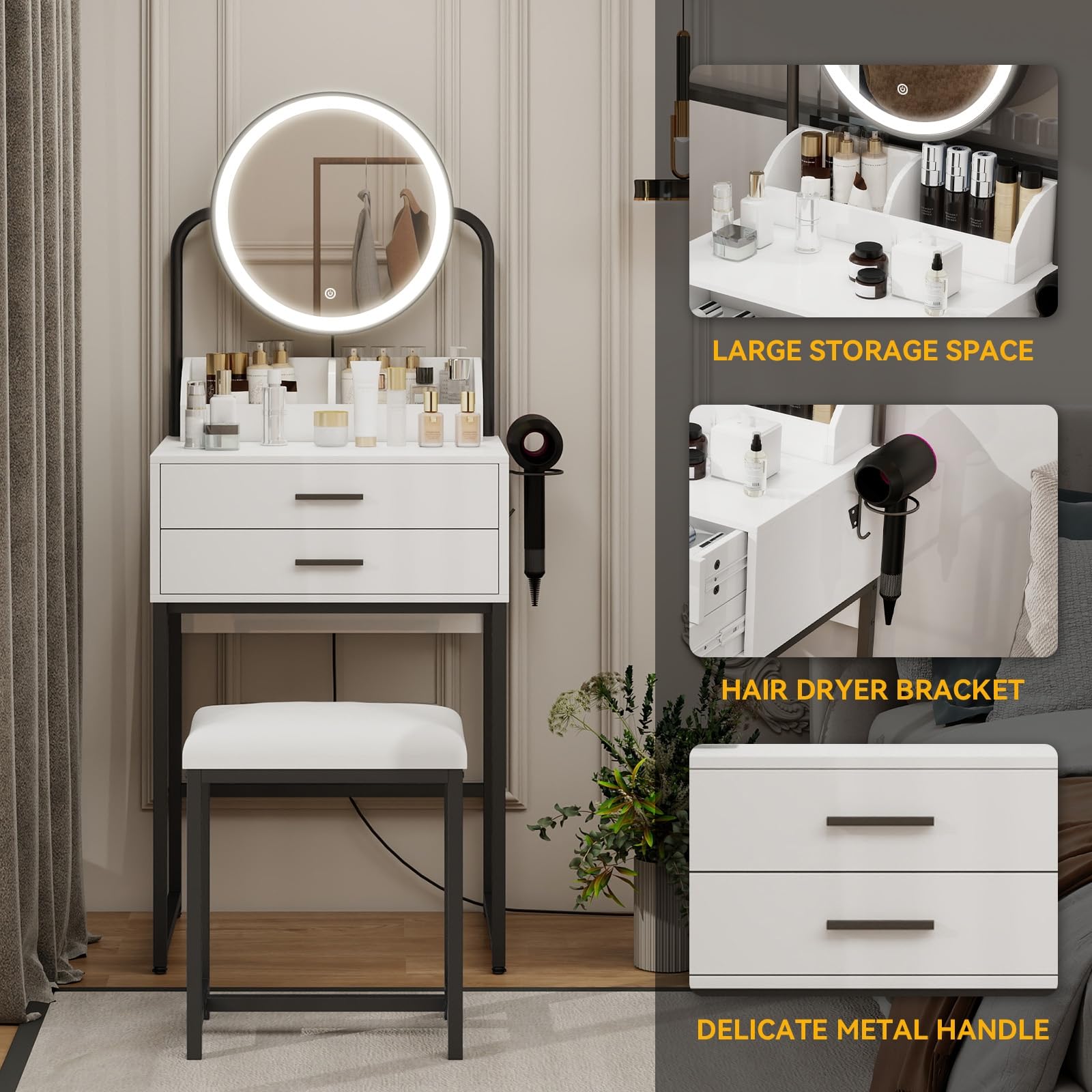 white metal dressing table Small Makeup Vanity Desk with Lights, Compact Vanity Desk with Adjustable Brightness Mirror for Small Spaces, Dressing Table with Drawers and Storage