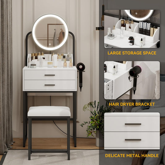 Small Vanity Desk with Mirror and Lights Compact Makeup Vanity Set with Drawers for Bedroom Mini White Modern Dressing Table with Stool IF095