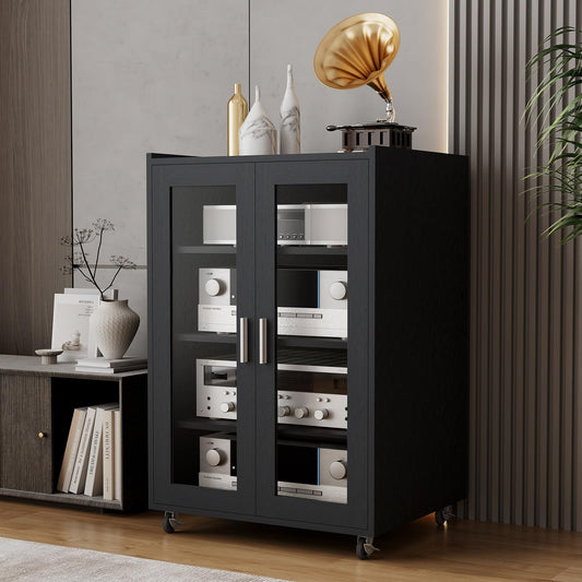 5 Tier Media Cabinet with Glass Door & Adjustable Shelves, Black Stereo Cabinet, Record Player Stand, Audio-Video Shelving, Media Storage, Cable Management & Wheels, Living Recording Room