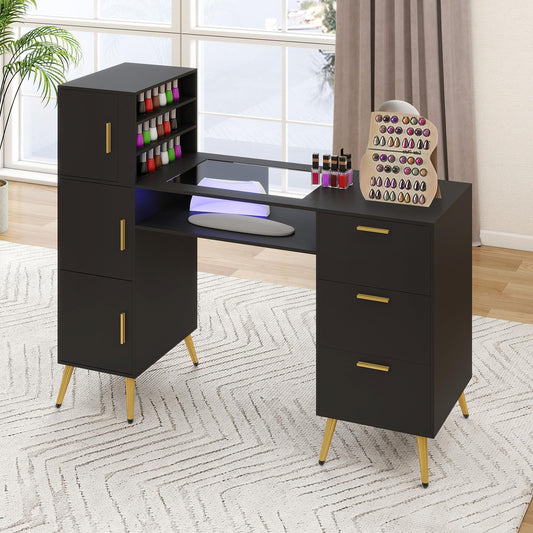 Manicure Table Nail Desk for Nail Teck w/Glass Top &Wrist Rest, 3 Drawers + 3 Cabinets + 3 Shelves, Nail Station Desk Metal Handles & Legs, Black  HO8003