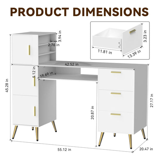 Portable Nail Desk with Drawers White Manicure Table Nail Station with Shelves L-Shaped Salon Corner Nail Art Equipment for Nail Tech IF139