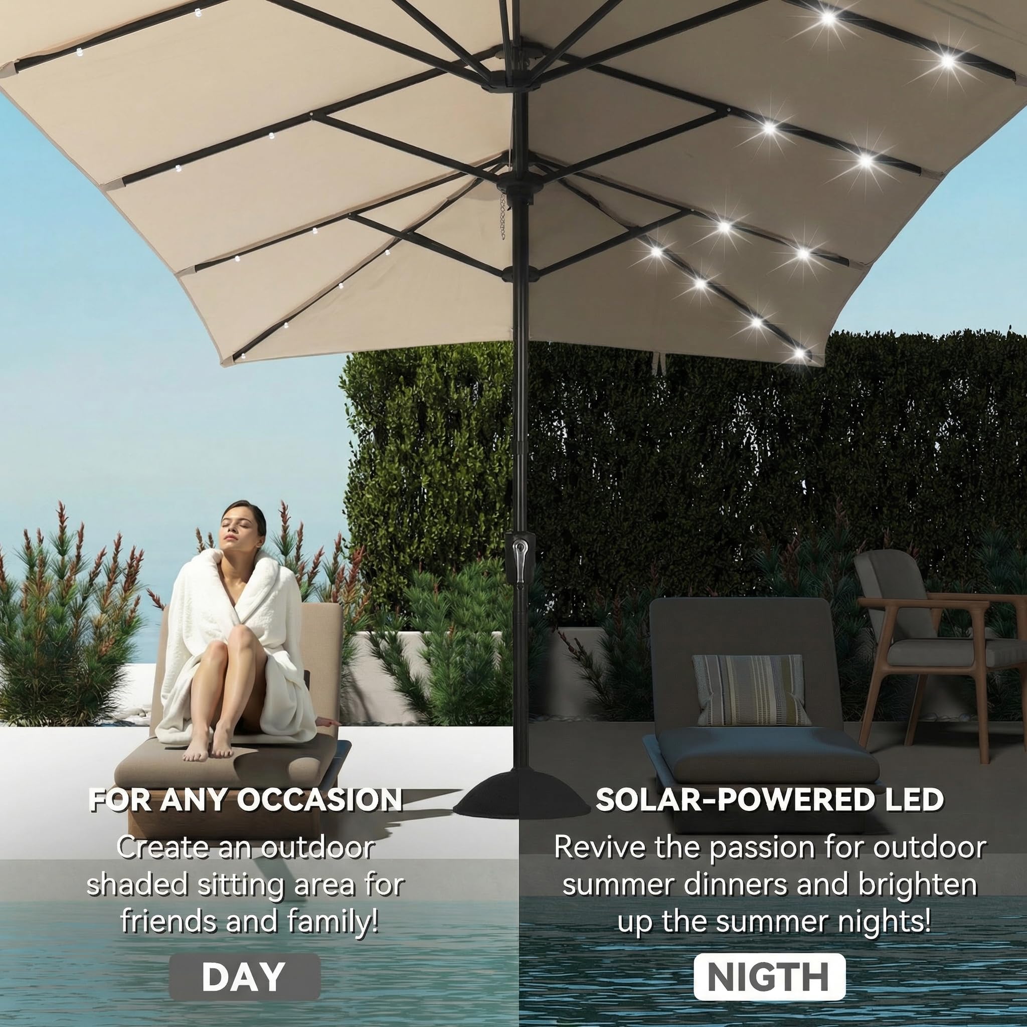 15 ft Large Patio Umbrella with Solar LED Light, Double Sided Rectangle Umbrella with Crank Handle for Patio, Backyard, Garden, Pool, without Base