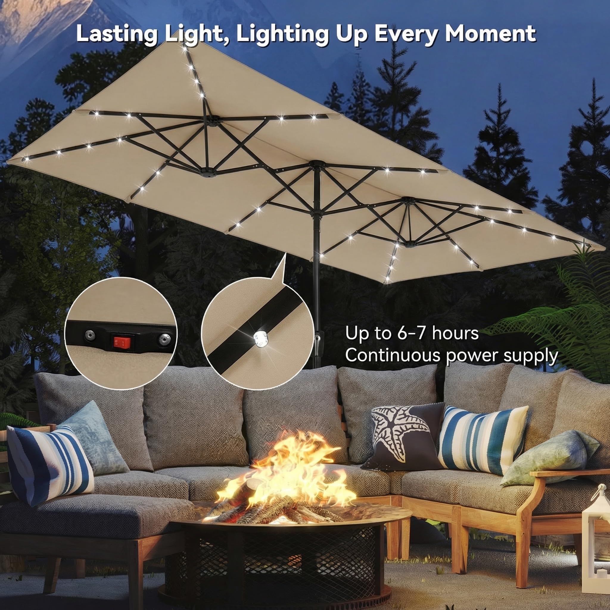 15 ft Large Patio Umbrella with 36 Solar LED Light, Double Sided Rectangle Umbrella with Crank Handle for Patio, Backyard, Garden, Pool, without Base