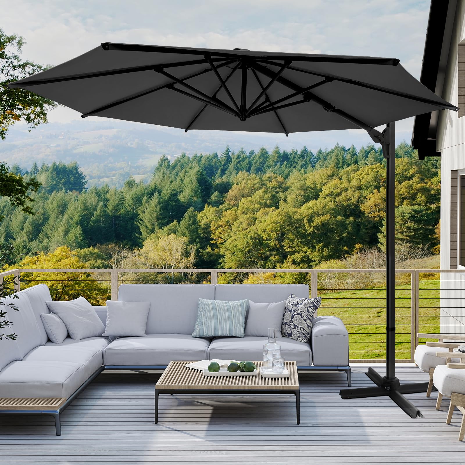 10ft Large Round Cantilever Patio Umbrella with Base Included, Windpro 10ft Large Round Cantilever Patio Umbrella with Base Included, Windpro