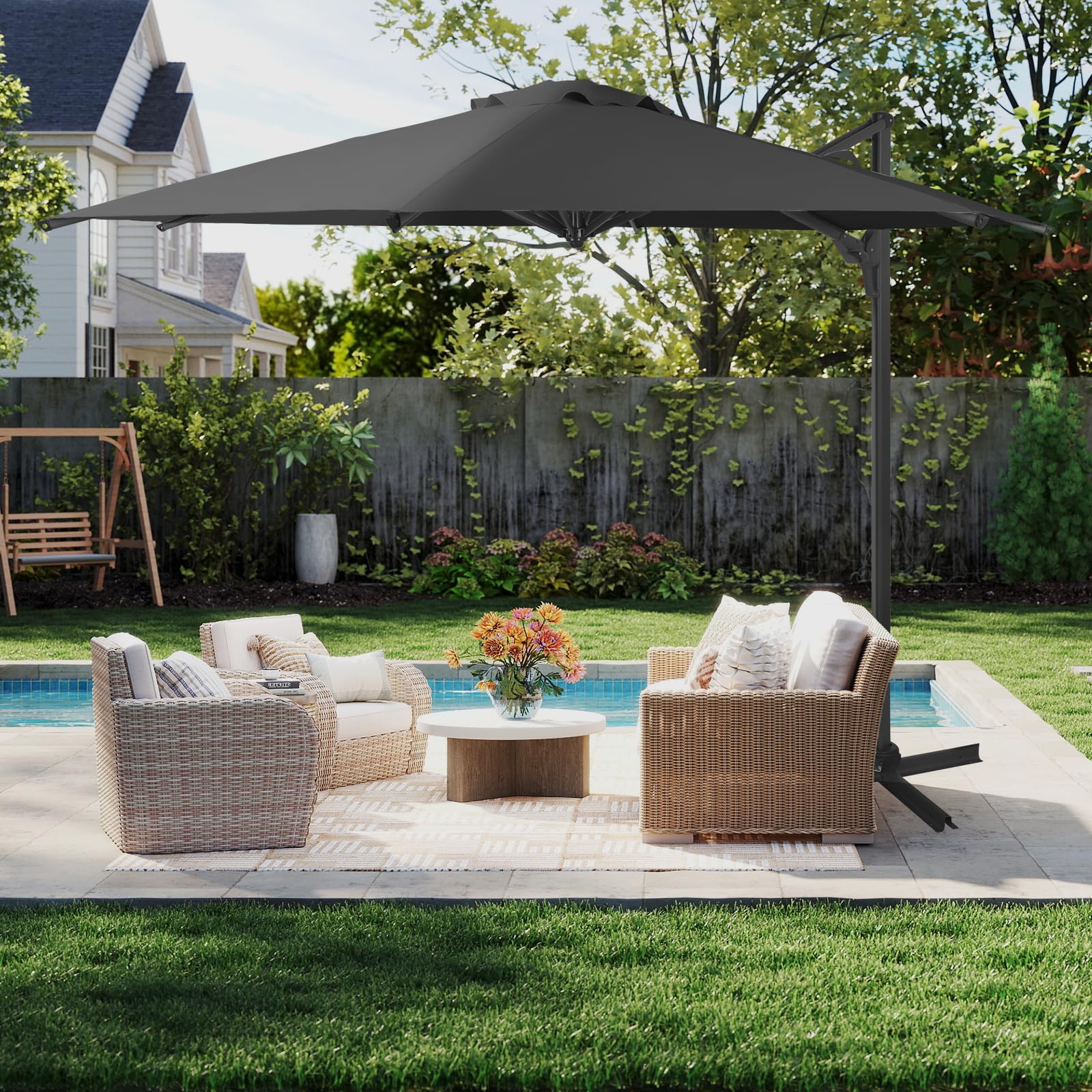 compex patio umbrella 10ft Large Round Cantilever Patio Umbrella with Base Included, Windproof Offset Umbrella with 360°Rotation and 0.07" Thickened Aluminum Pole, Heavy