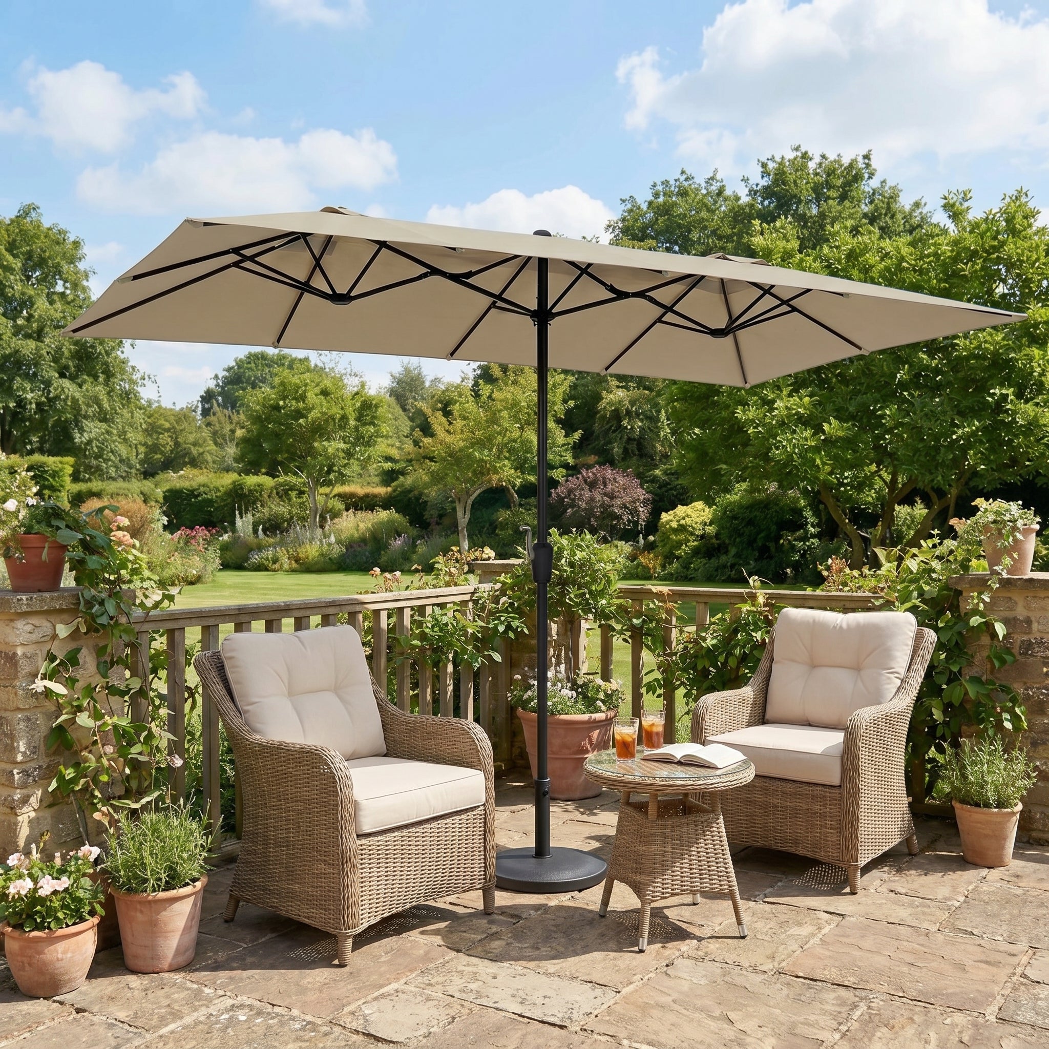 at home store patio umbrella 15 ft Large Patio Umbrella with Solar LED Light, Double Sided Rectangle Umbrella with Crank Handle for Patio, Backyard, Garden, Pool, without Base,