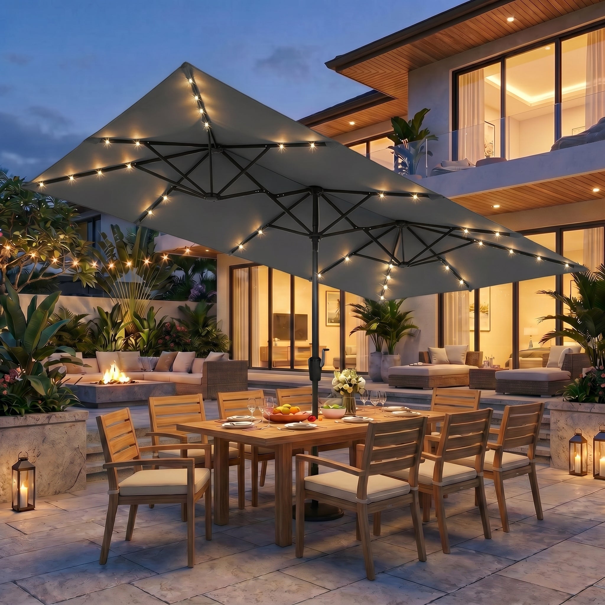 15 ft Large Patio Umbrella with 36 Solar LED Light, Double Sided Rectangle Umbrella with Crank Handle for Patio, Backyard, Garden, Pool, without Base