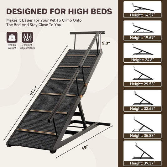 Pet Ramp Folding Portable Wooden Dog & Cat Ramps for Couch or Bed, Including Non Slip Mat & Safety Side Rails, 64.2 Inch Long and Height Adjustable from 13.4 Inch to 38 Inch Up to 110 Lbs PA923