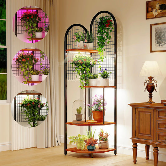 Plant Stand Indoor with Grow Lights, 4-Head & 3-Color LED Corner Plant Stand, 63" Tall Plant Shelf for Indoor Plants, Metal Flower Display Rack for Home Decor, Black HO8007