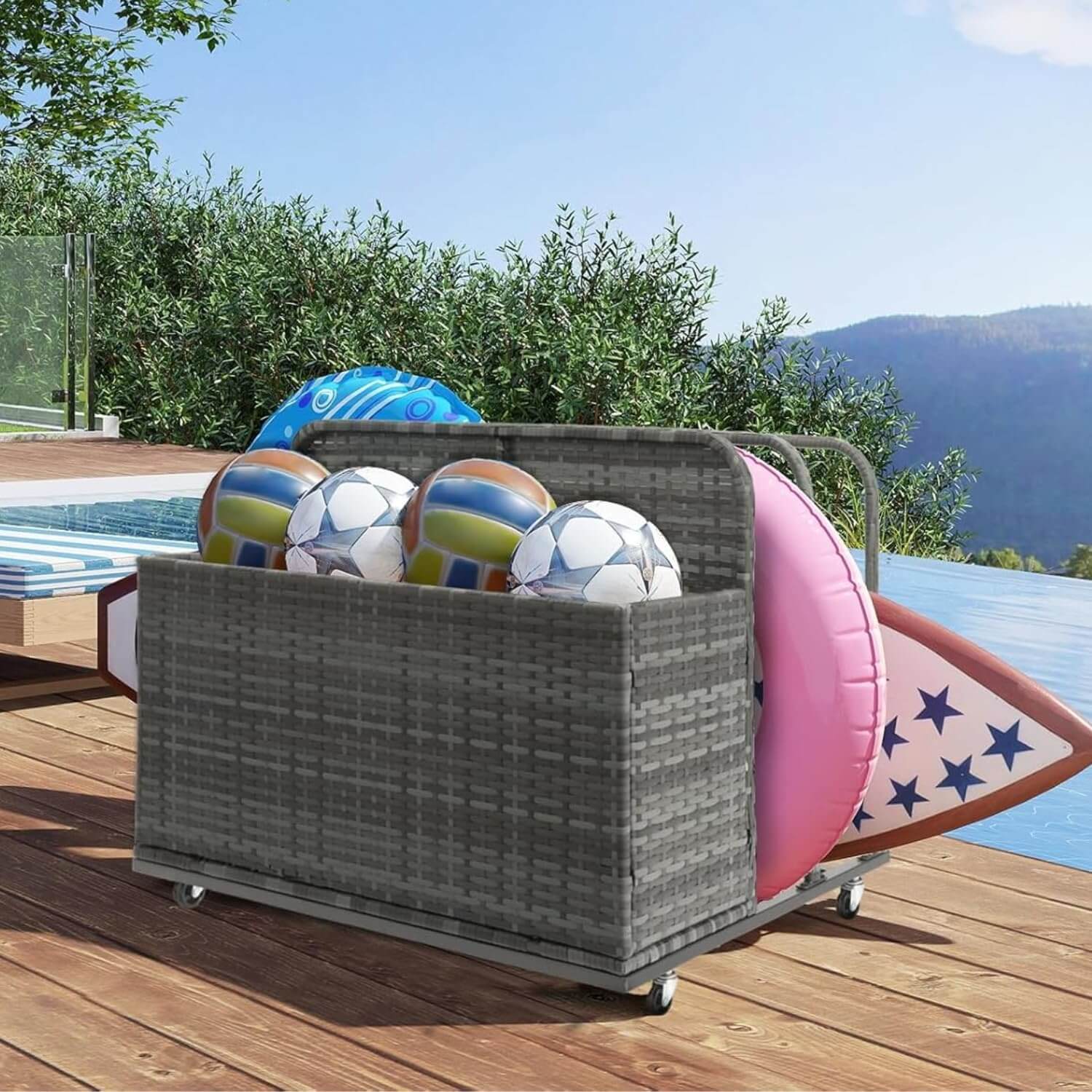 Pool Float Storage Box Outdoor Rolling Poolside Storage Basket Organiz