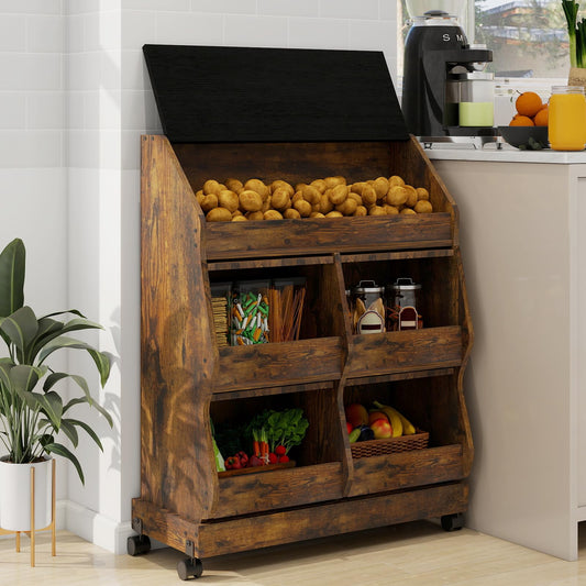 Potato and Onion Storage Bin Large Bread Box on Wheels for Pantry, 3 Tier Bread Container Holder with Lid & Grocery Section, Ventilation Mesh, Vegetable Organization Cabinet for Kitchen