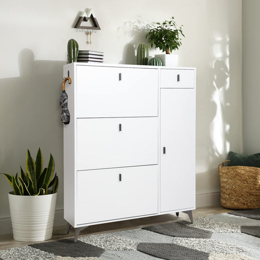 Slim Shoe Storage Cabinet with Door Black Narrow Shoes Organizer with 3 Flip Drawers Boot Rack for Entryway 22 Pairs IF004