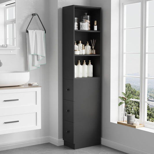 Tall Narrow Free Standing Bathroom Storage Cabinet with 3-Level Adjustable Shelves Home - Space Saver for Living Room Kitchen - Classic Black IF122
