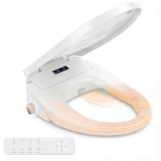 Smart Heated Toilet Seat for Short V-Shaped Toilets – Bidet Warm Water Wash, Self-Cleaning Nozzle, Warm Air Dryer, Deodorizer, Soft-Close Lid, LED Night Light & Touch Panel, Easy Install AS041
