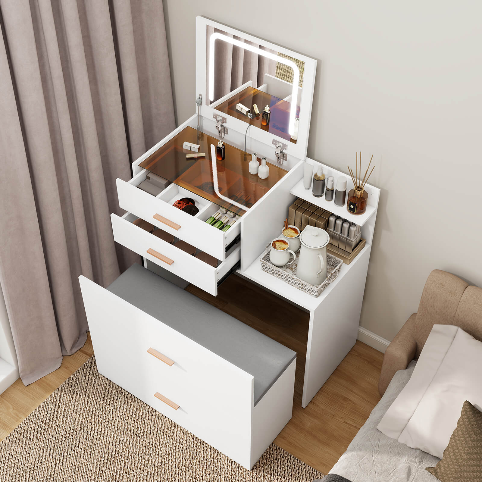all in one multifunction modern dressing table Vanity Desk with Flip Top Mirror and Lights White 3 in 1 Night Stand M