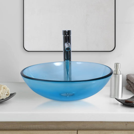 Bathroom Round Glass Vessel Sink Basin with Faucet Pop-Up Drain (Blue) BA007