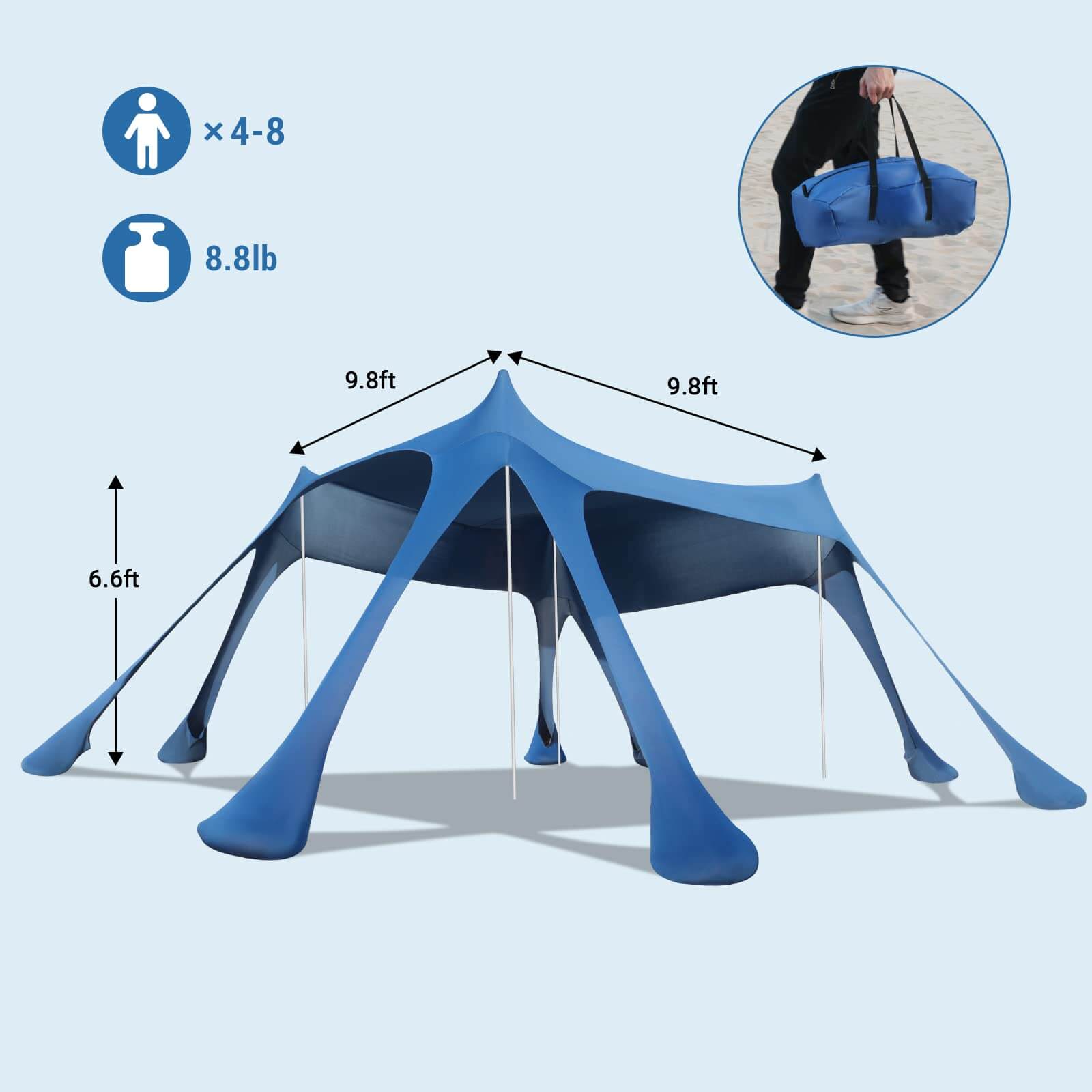 『TEN BEACH L』 SUN NINJA Pop Up Beach Tent, 10x10.5FT, Navy Blue, UPF50+