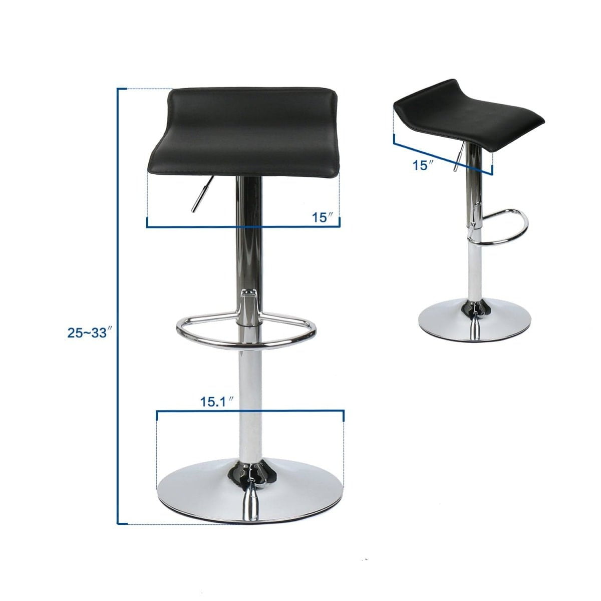 Bar stool with black seat and 360° rotation label, footrest, height adjustment