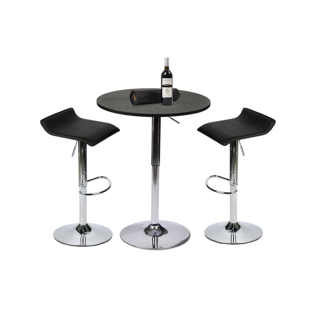 Set of round high table with two black stools in white background