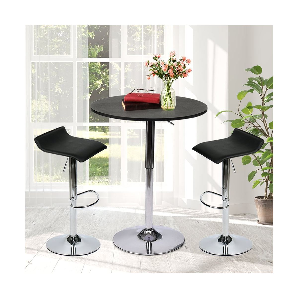 Two grey bar stools with chrome bases and blue Elecwish logo