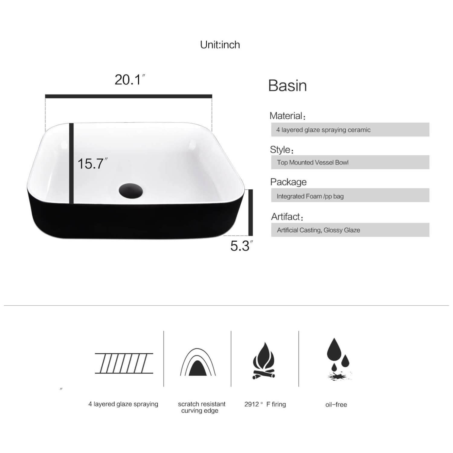 Elecwish black ceramic sink HW1124 basin size and features