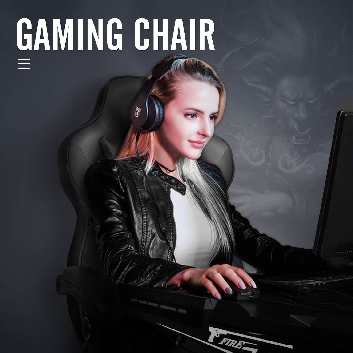 Girl sit on the Elecwish black massage gaming chair with footrest OC112 playing computer