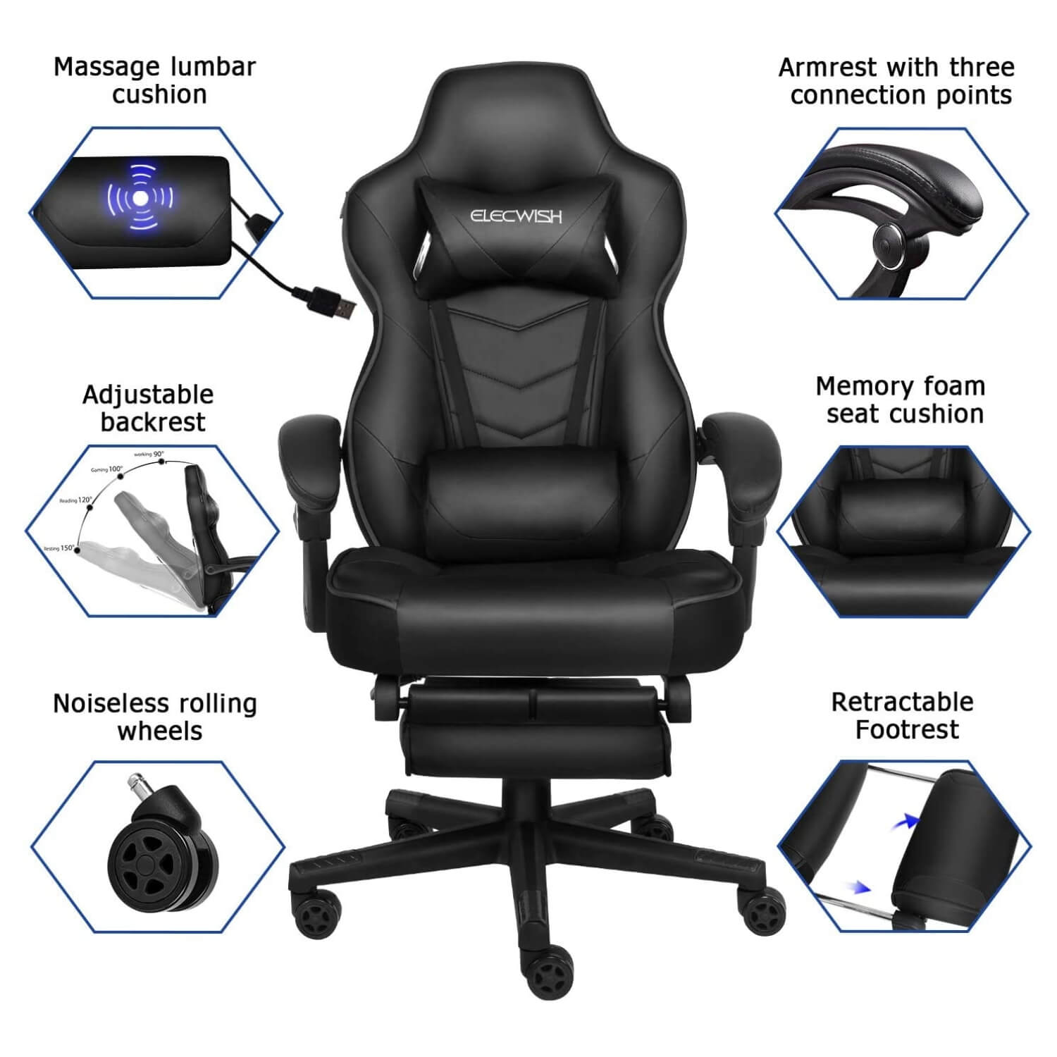 Six features of Elecwish black massage gaming chair with footrest OC112