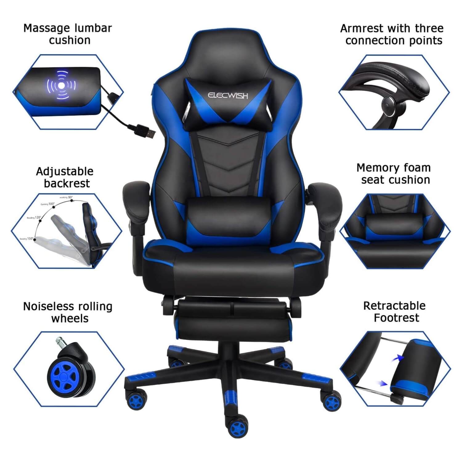 Six features of Elecwish blue massage gaming chair with footrest OC112