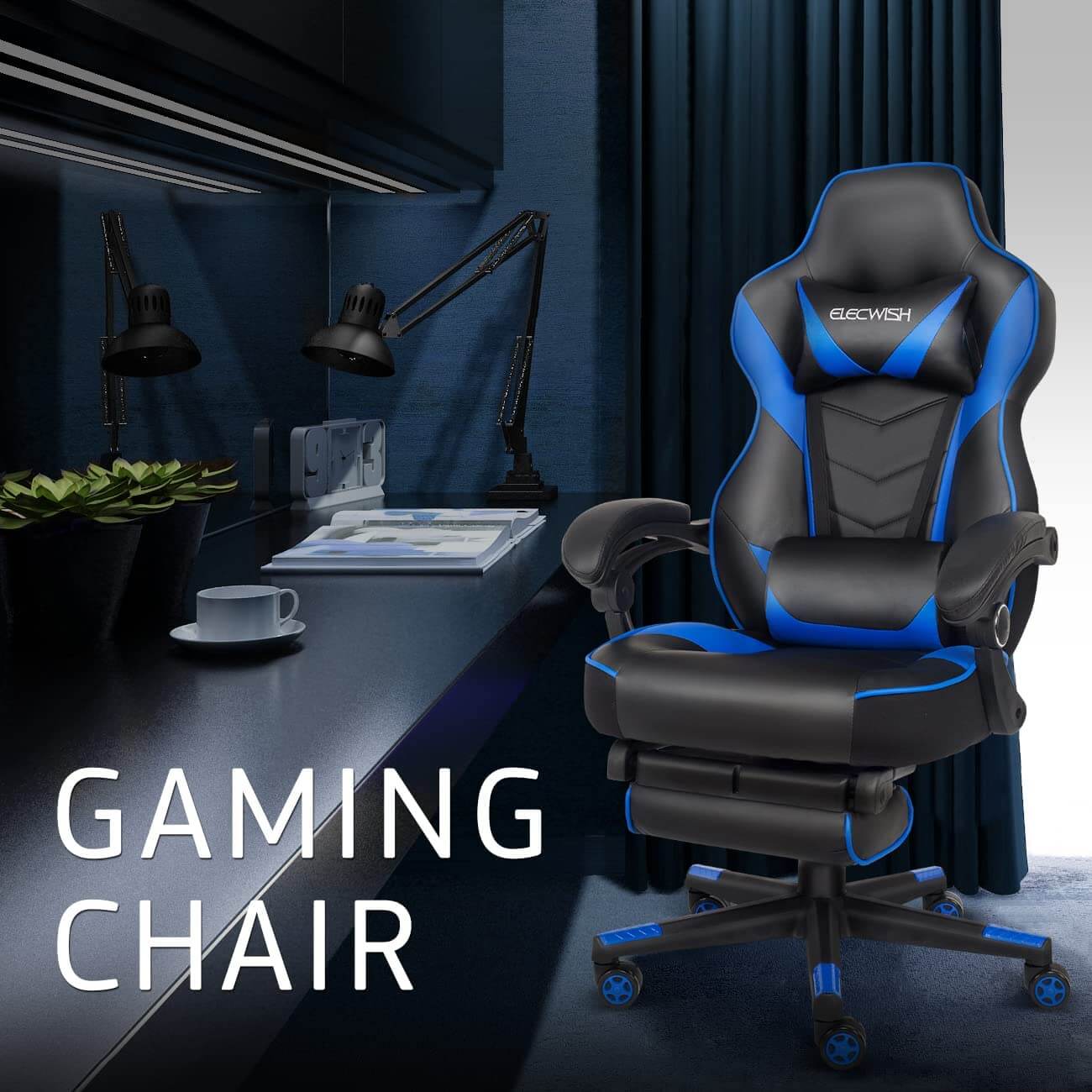 Elecwish blue massage gaming chair with footrest OC112 display