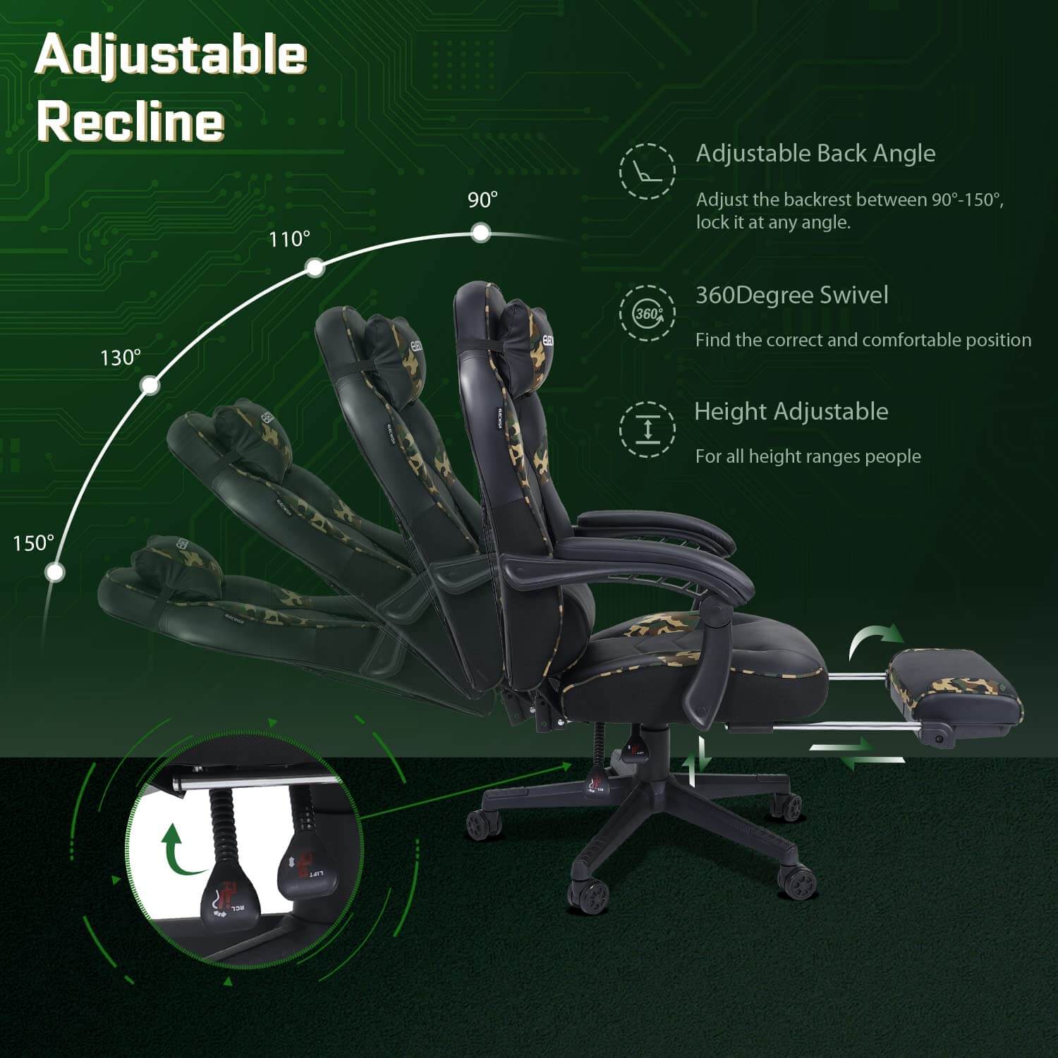 The adjustable recline of Elecwish massage gaming chair with footrest OC112 camouflage