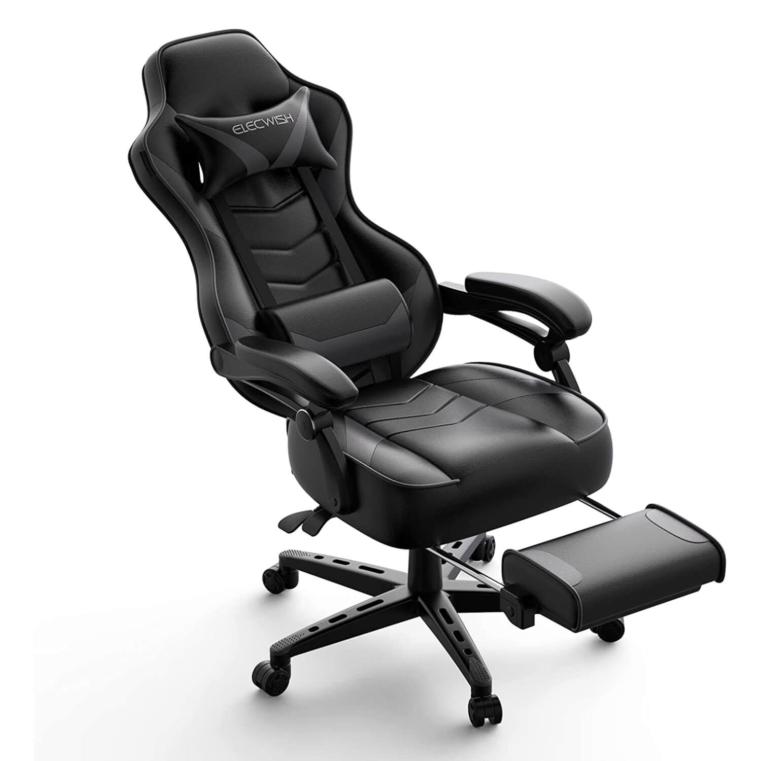 The reclining status of Elecwish gray massage gaming chair with footrest OC112