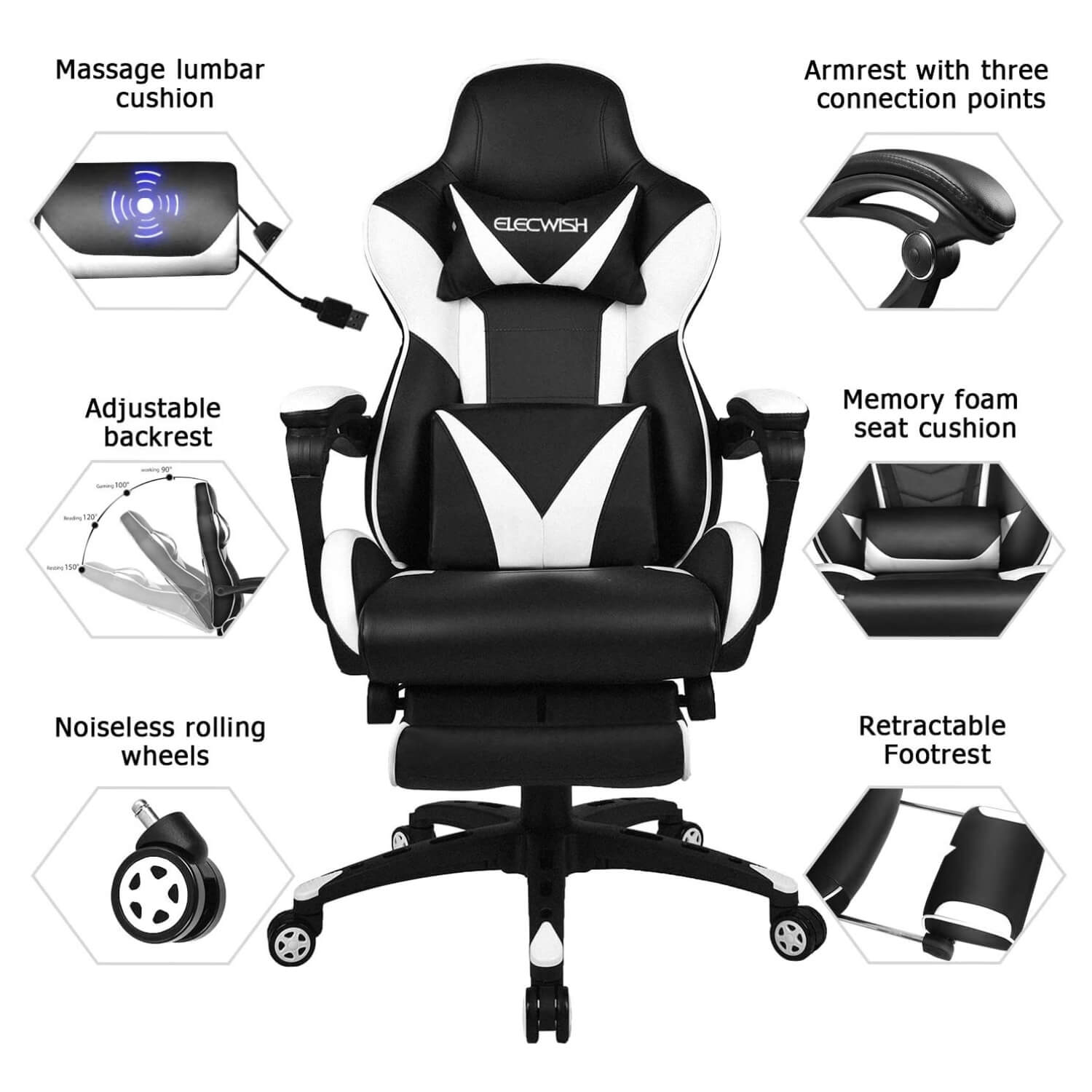 Six features of Elecwish white massage gaming chair with footrest OC112