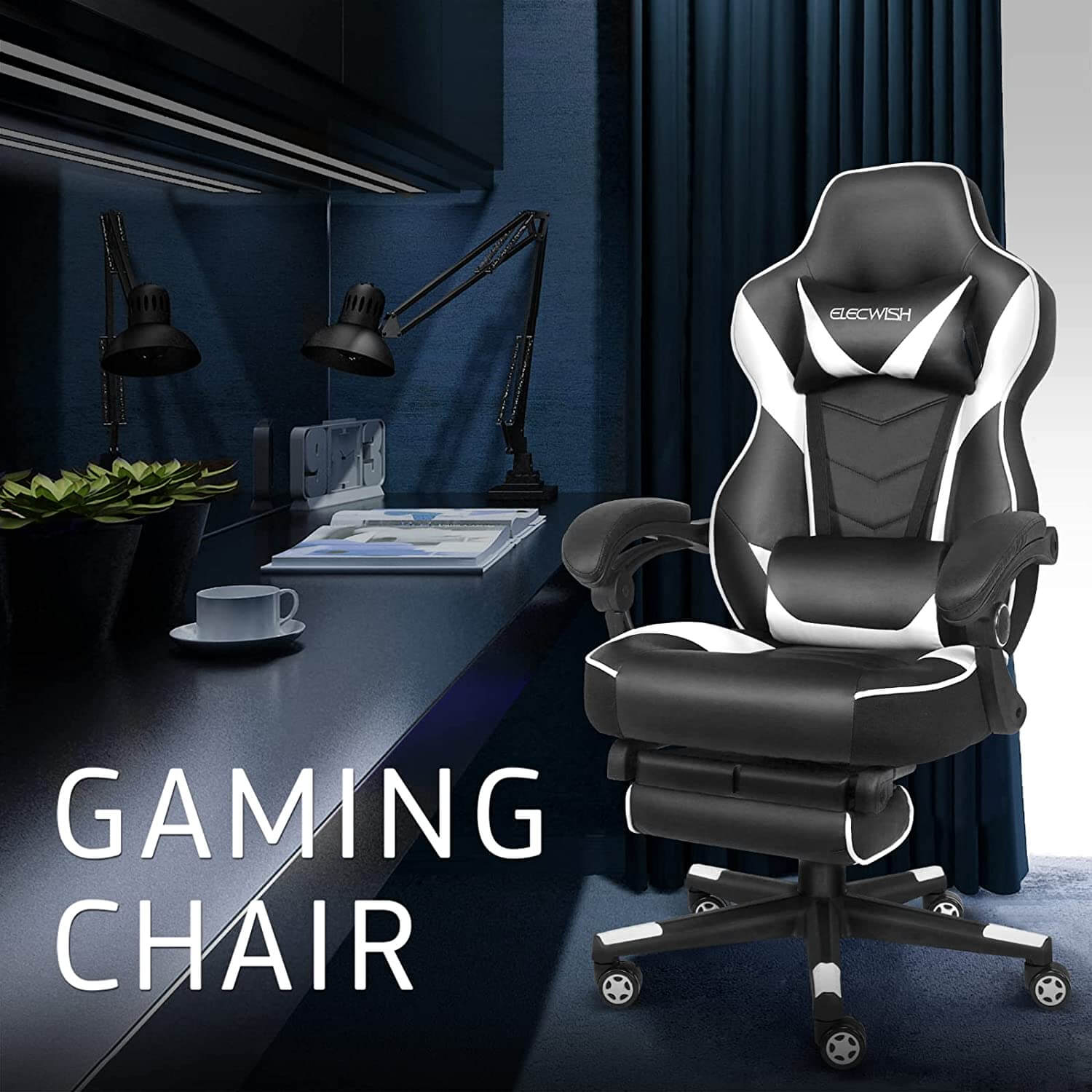Elecwish white massage gaming chair with footrest OC112 display