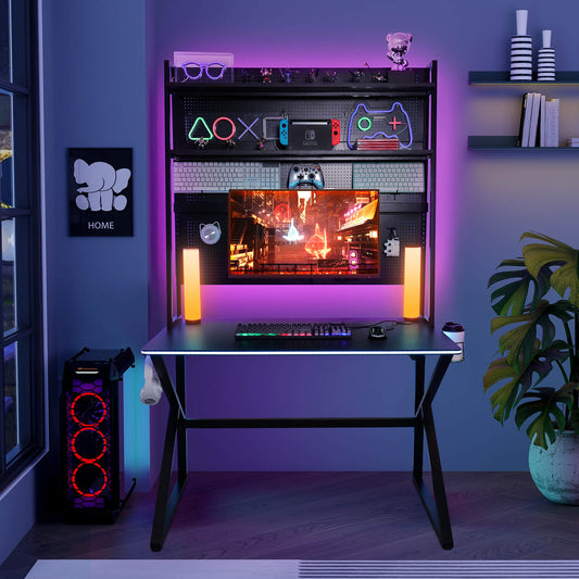 Elecwish RGB LED Gaming Desk With Pegboard X-001