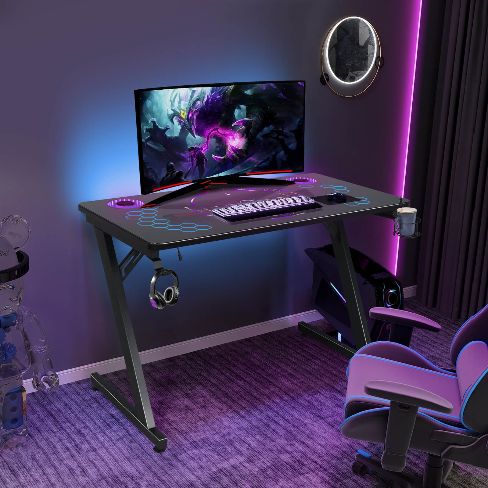 Game Room Computer Desk Gaming Desk with LED Lights OC125