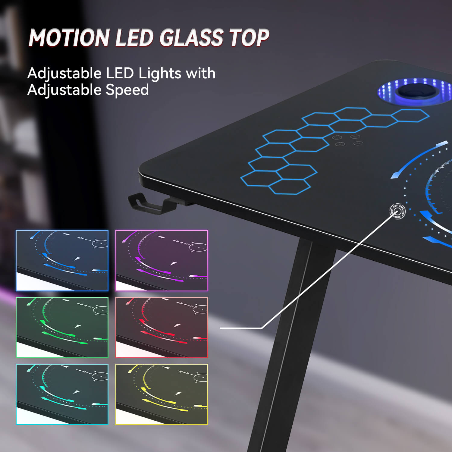 Motion LED glass top details of Gaming Desk with LED Lights OC125