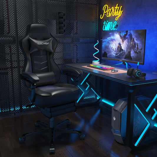 ELECWISH Gaming Chair, Reclining Computer Chair with Footrest and Lumbar Support, High Back Ergonomic for Adults with Headrest PU Leather OC087