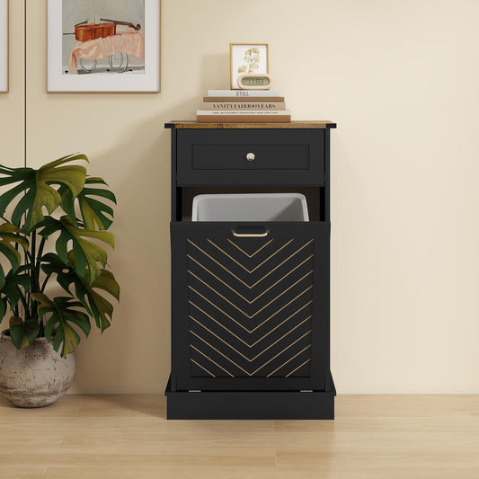 Tilt-Out Laundry Hamper Cabinet, 10 Gallon Herringbone Trash Can Cabinet with Drawer, Hidden Garbage Can Cabinets, Free Standing for Bathroom & Kitchen