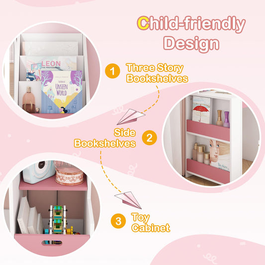 Kids Vanity with Mirror & Lights 3 in 1 Toddler with Bookshelf Small Pink & White Princess Makeup Vanity Desk Set with Chair & Toy Organizer for Little Girls