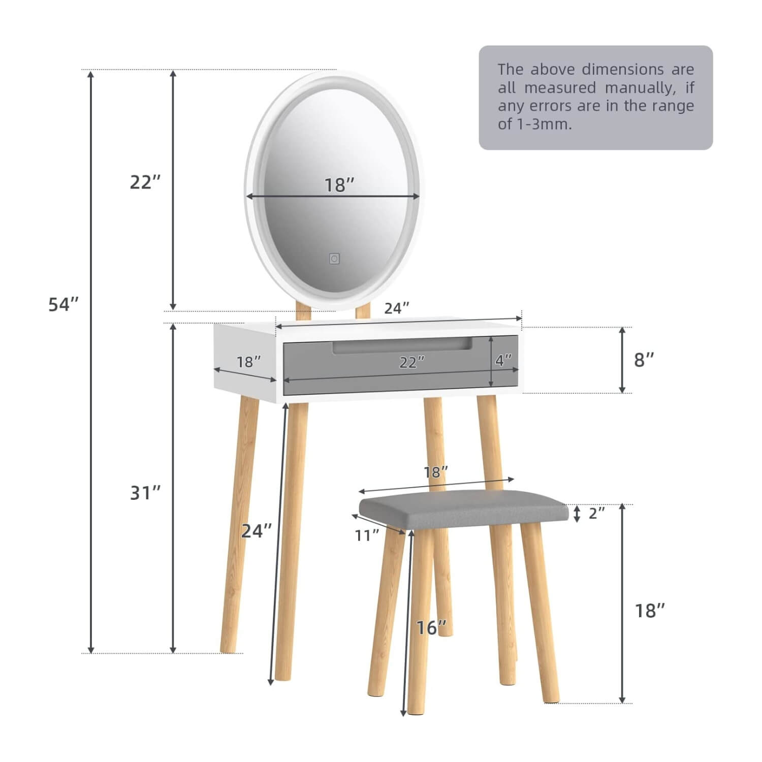 Makeup Vanity Table Set with 3 Adjustable Lighted Mirror Stool HW1151GY size