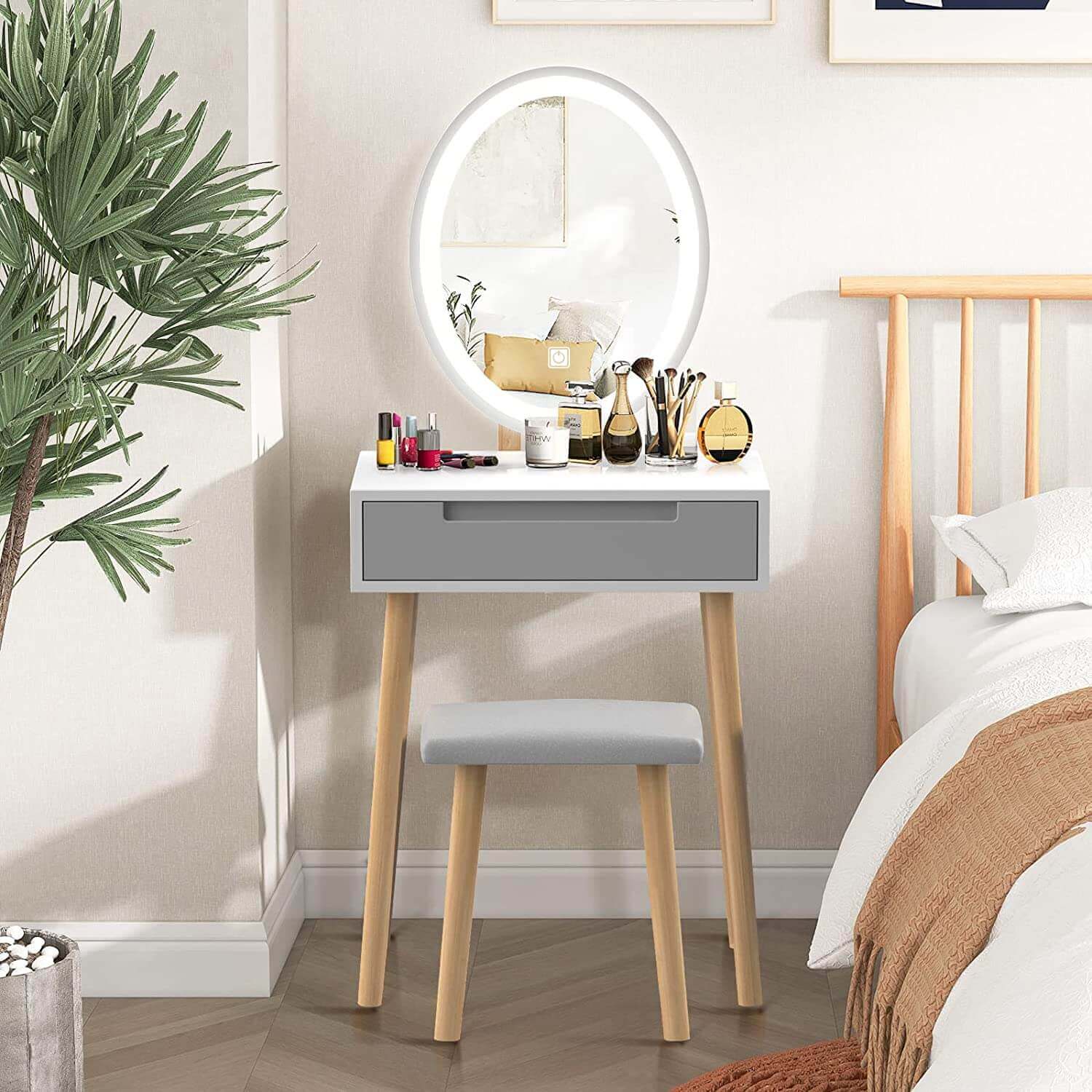 Makeup Vanity Table Set with 3 Adjustable Lighted Mirror Stool HW1151GY display in bedroom
