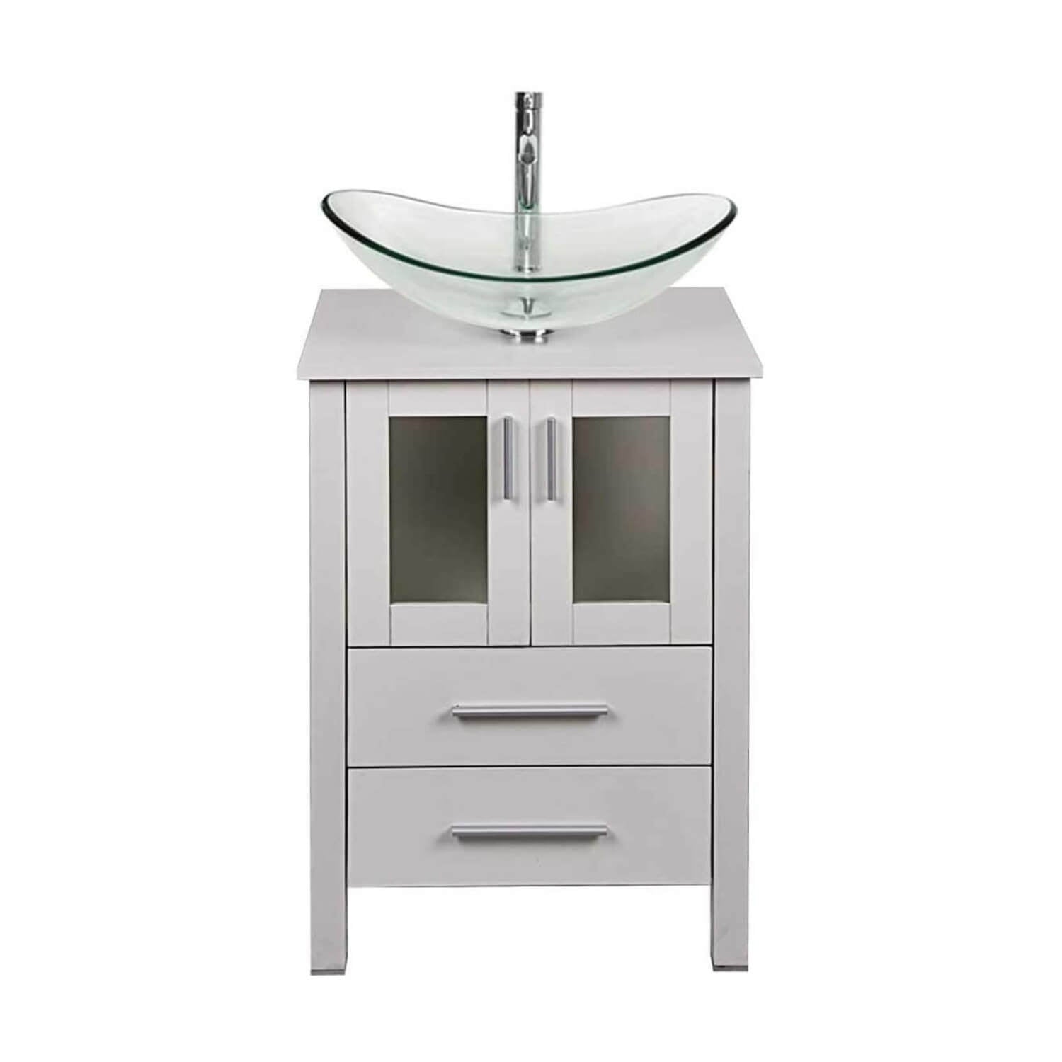 Oval Glass Vessel Sink BG007 with white bathroom vanity