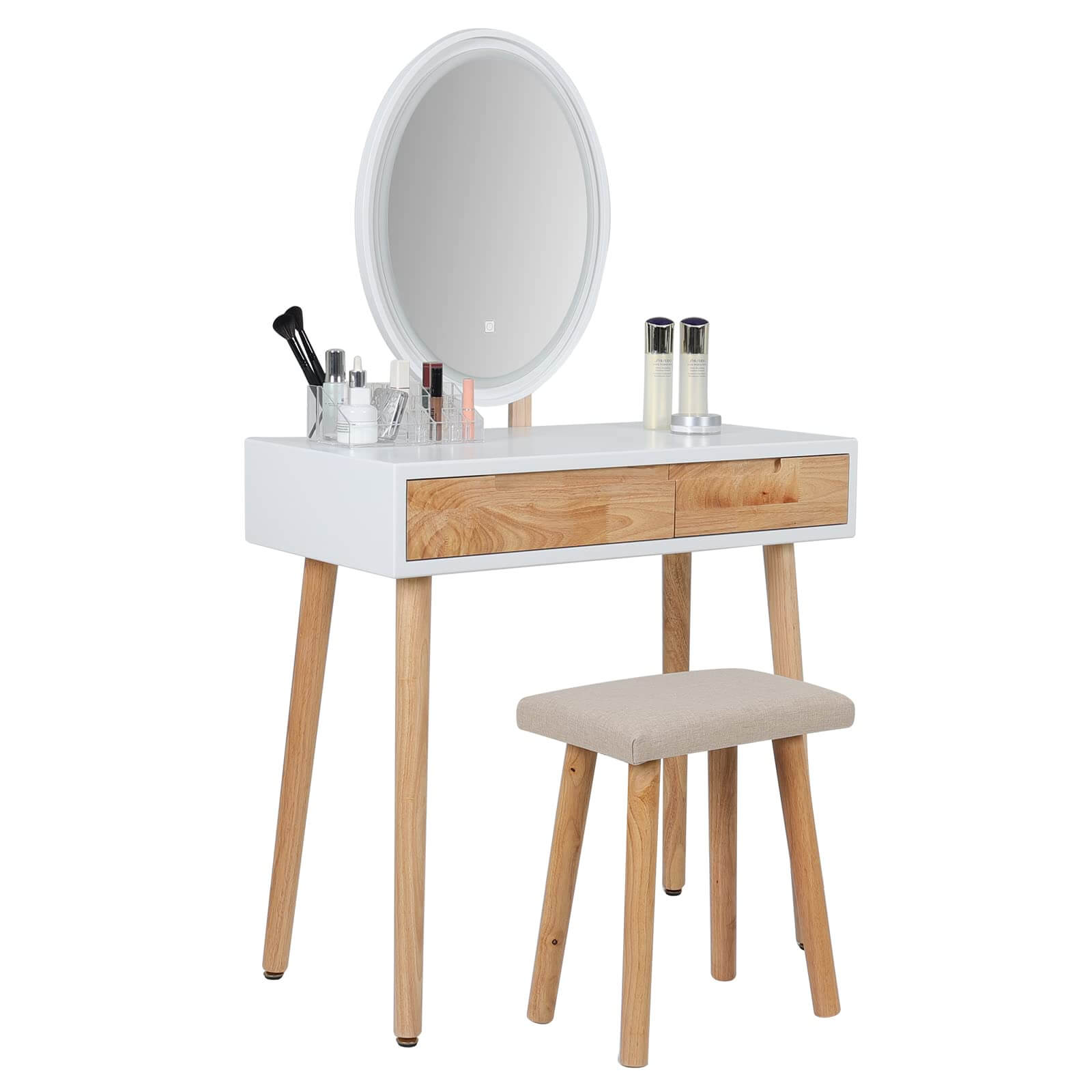 Side view of Elecwish Vanity Makeup Table Set with Adjustable LED Oval Mirror IF11213