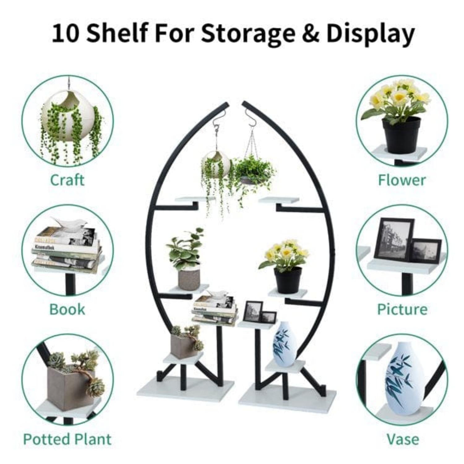 10 shelf for storage and display of Black White Plant Stand Indoor,2 PCS 5 Tier Half Moon Plant Shelf
