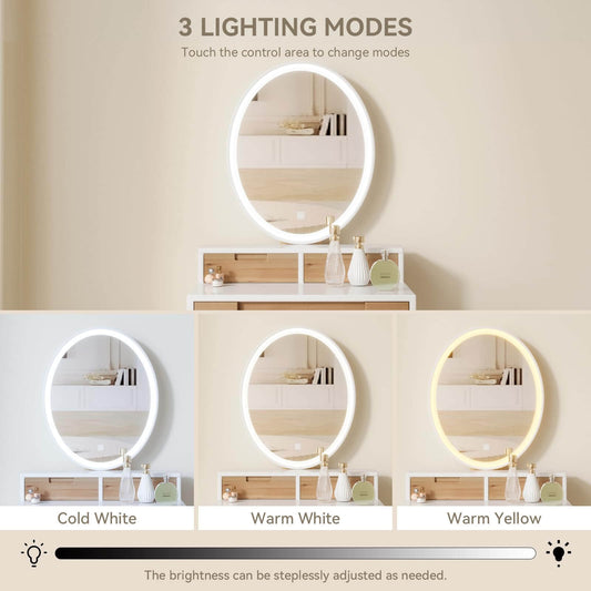 Small Makeup Vanity Desk with Lights, Compact Vanity Desk with Adjustable Brightness Mirror for Small Spaces, Dressing Table with Drawers and Storage Shelves IF041