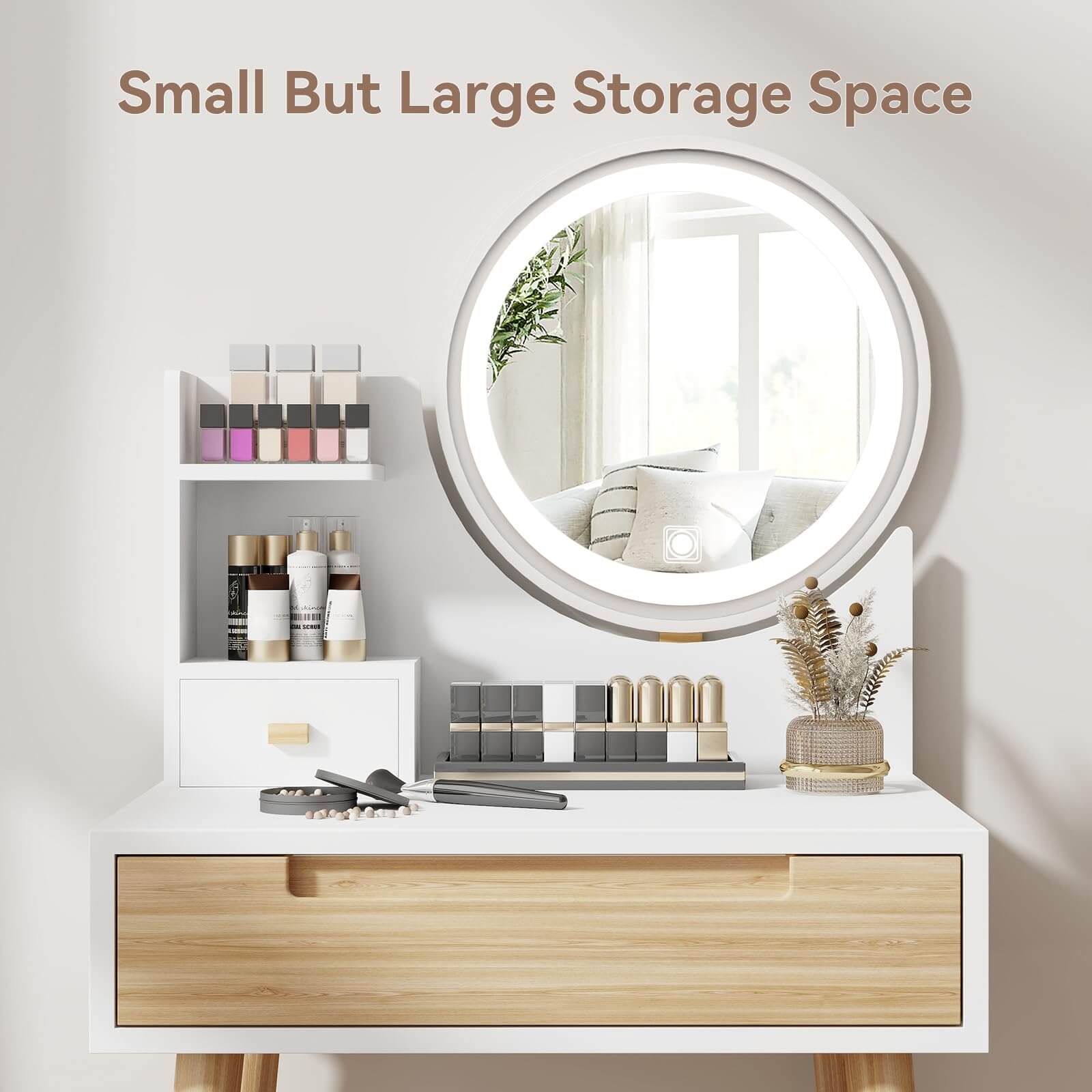 Flip Top Mirror Desk JDPAG 3-in-1 Small Vanity Desk With Mirror & Stool ...