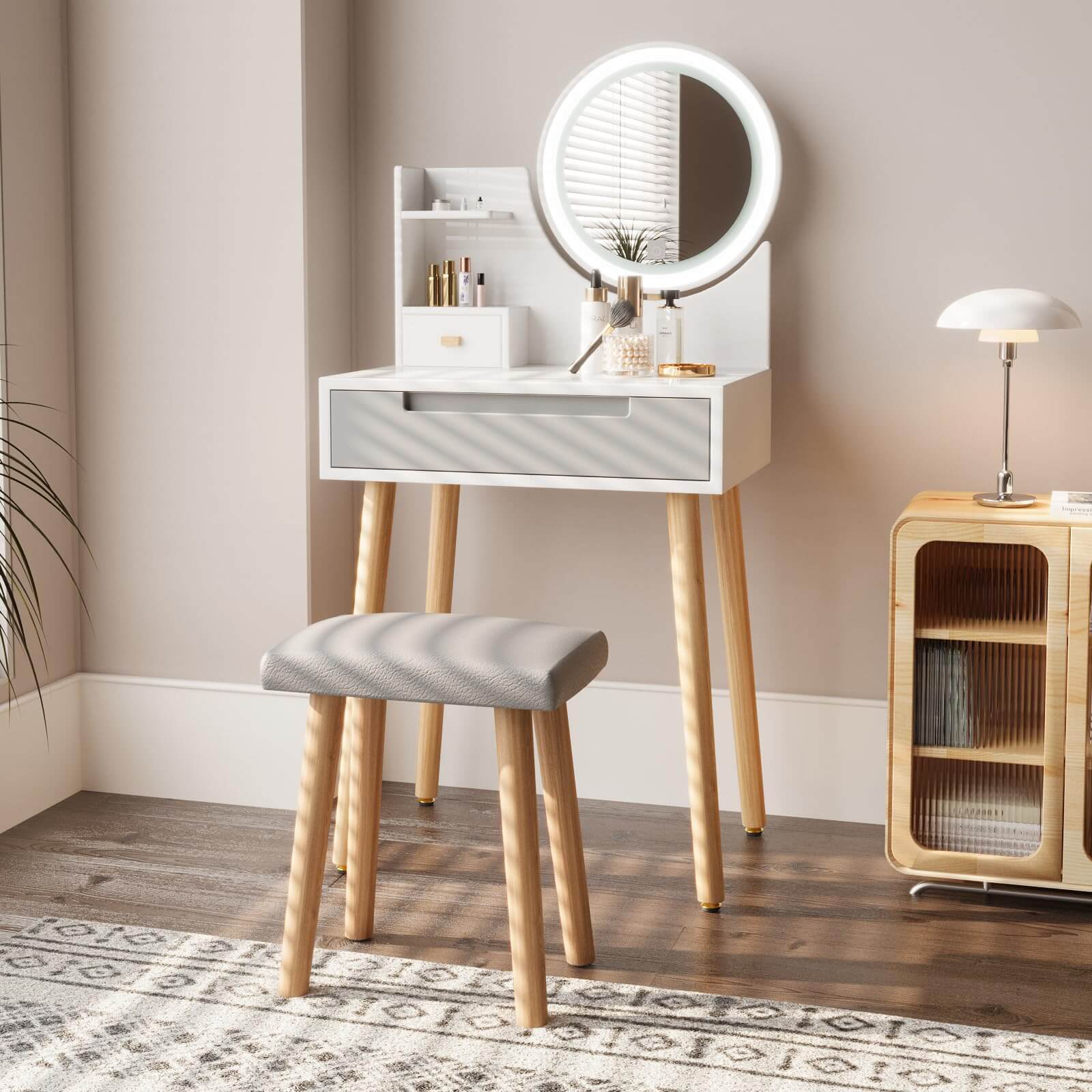 Small Vanity Desk Set with 3 Adjustable Lighted Mirror and Storage Shelf White Tiny Makeup Vanities Set IF038 Small Vanity Desk Set with 3 Adjustable Lighted Mirror and Storage Shelf White Tiny Makeup Vanities Set IF038