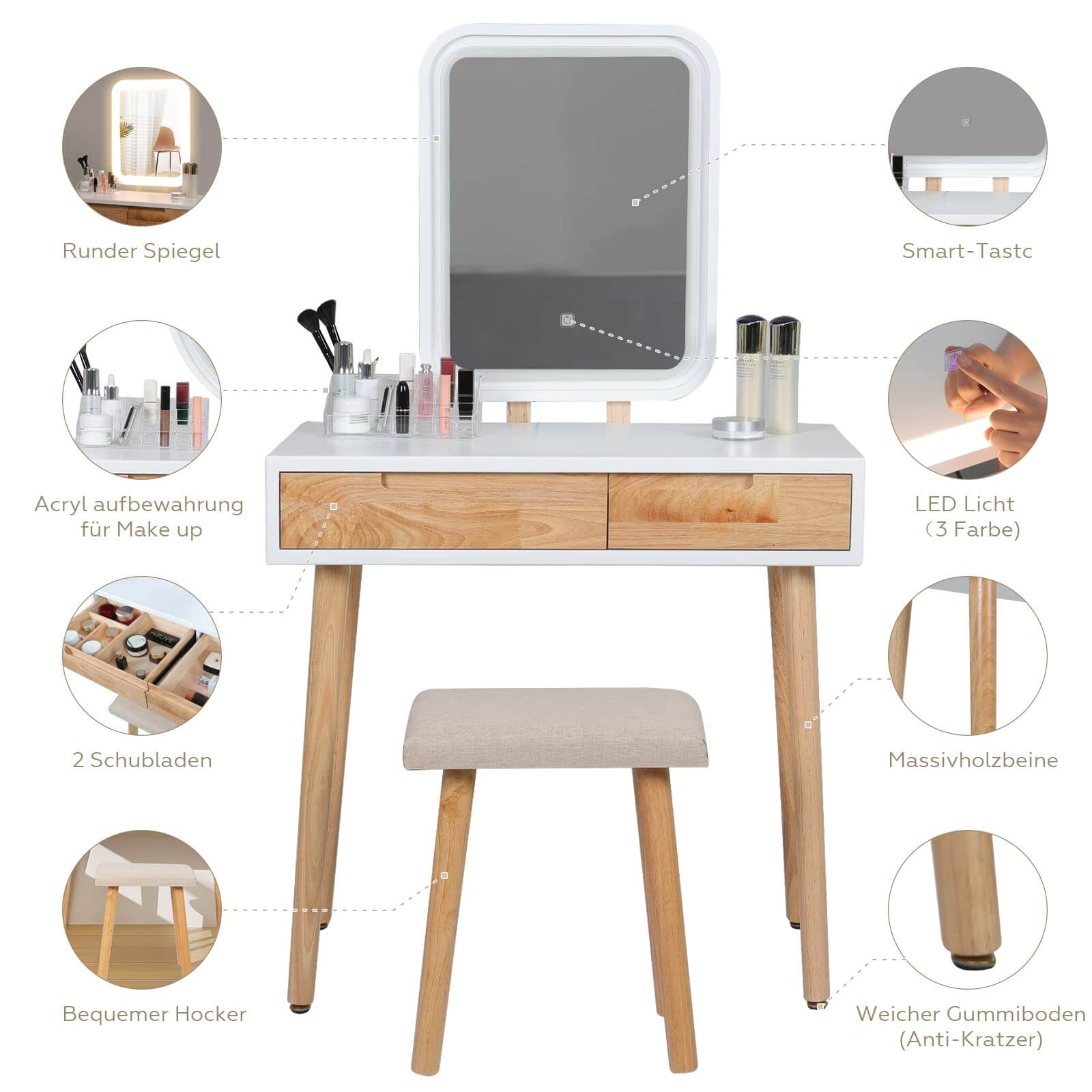 Features display of Elecwish Vanity Makeup Table Set with Adjustable LED Square Mirror IF11213